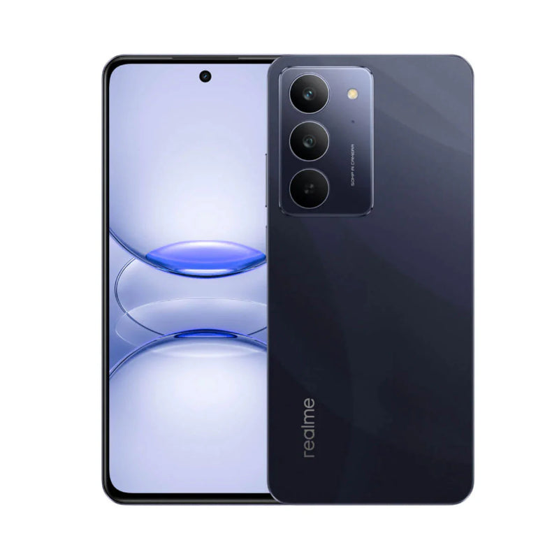 Realme C75X in Oceanic Blue, front and back view with the 50MP camera module